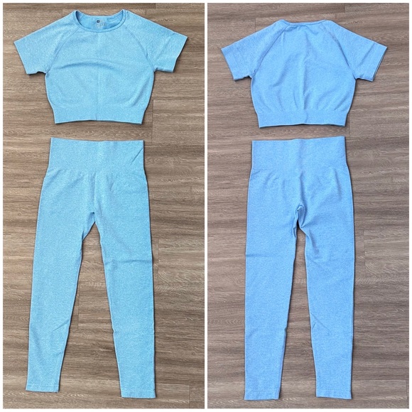Yoga Set Baby Blue Sports Crop Tee and Leggings Fits as size small/medium - Picture 1 of 8
